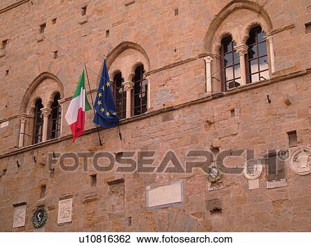 Stock Image -  Tuscany, Italy, Volterra, Toscana, Europe, Palazzo dei Priori in the medieval hill town of Volterra.. Fotosearch