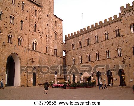 Stock Photo -  Tuscany, Italy, Volterra, Toscana, Europe, Palazzo dei Priori in the Piazza dei Priori in the medieval hill town of Volterra.. Fotosearch