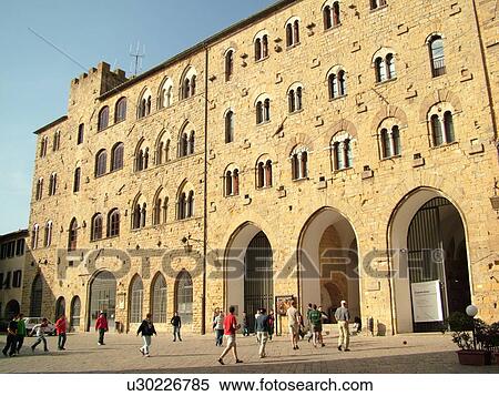 Stock Photography -  Tuscany, Italy, Volterra, Toscana, Europe, Palazzo dei Priori in the Piazza dei Priori in the medieval hill town of Volterra.. Fotosearch