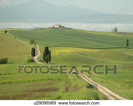 Tuscany, Toscana, Italy, Pienza, Europe, A long dirt driveway leads up to a Tuscan home in the scenic countryside of Tuscany. View Large Photo Image Stock Photo - Tuscany, Toscana, Italy, Pienza, Europe, A long dirt driveway leads up to a Tuscan home in the scenic countryside of Tuscany.. Fotosearch