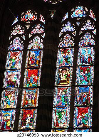 Stock Image -  Umbria, Italy, Orvieto, Europe, Stained glass window inside The Cathedral in the medieval town of Orvieto.. Fotosearch