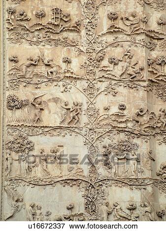 Umbria, Italy, Orvieto, Europe, 14th-century bas-relief carvings of scriptural scenes on the fatade of The Cathedral in the medieval town of Orvieto. View Large Photo Image Stock Photo - Umbria, Italy, Orvieto, Europe, 14th-century bas-relief carvings of scriptural scenes on the fatade of The Cathedral in the medieval town of Orvieto.. Fotosearch