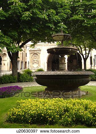Stock Photo -  Umbria, Italy, Spello, Europe, Fountain in the Piazza della Repubblica in the medieval town of Spello.. Fotosearch