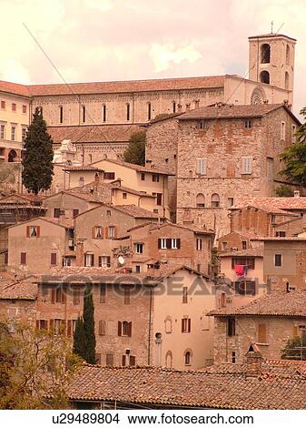 Picture -  Umbria, Italy, Todi, Europe, Scenic view of the hilltop medieval town of Todi.. Fotosearch