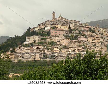 Stock Photo -  Umbria, Italy, Trevi, Europe, Scenic view of the hilltop medieval town of Trevi.. Fotosearch