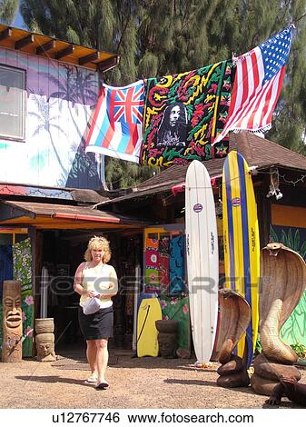 Stock Photograph -  Waimea, Oahu, HI, Hawaii, North Shore, Surf Shop. Fotosearch