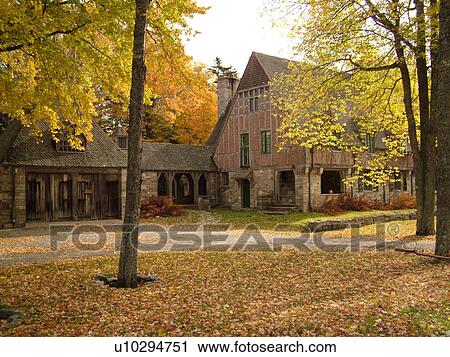 Stock Image -  Acadia National Park, ME, Maine, Mount Desert Island, Jordan Pond, Gatehouse, Stone Building. Fotosearch