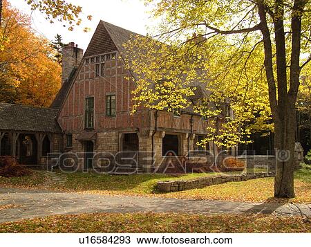 Stock Image -  Acadia National Park, ME, Maine, Mount Desert Island, Jordan Pond, Gatehouse, Stone Building. Fotosearch