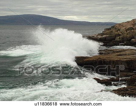 Stock Photo -  Acadia National Park, ME, Maine, Mount Desert Island, Atlantic Ocean, Frenchman Bay, Schoodic Peninsula, Schoodic Point, scenic coastline. Fotosearch