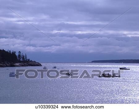 Picture -  Acadia National Park, ME, Maine, Atlantic Ocean, Mount Desert Island, Hunters Head, lobster boats. Fotosearch