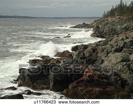 Stock Image -  Acadia National Park, ME, Maine, Atlantic Ocean, Mount Desert Island, Hunters Head, scenic coastline. Fotosearch