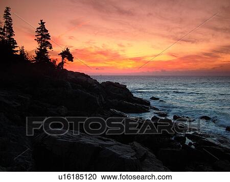 Stock Image -  Acadia National Park, ME, Maine, Atlantic Ocean, Mount Desert Island, Otter Point, scenic coastline, sunrise. Fotosearch