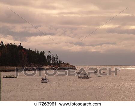 Stock Image -  Acadia National Park, ME, Maine, Atlantic Ocean, Mount Desert Island, Hunters Head, lobster boats. Fotosearch