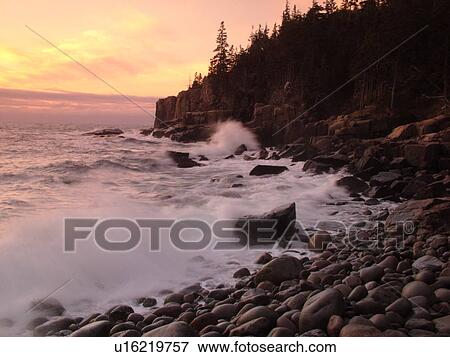 Stock Photo -  Acadia National Park, ME, Maine, Atlantic Ocean, Mount Desert Island, Otter Point, scenic coastline, sunrise. Fotosearch