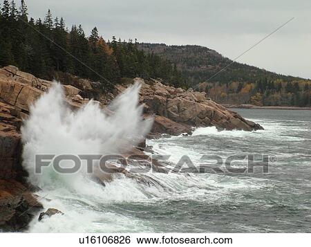 Stock Photograph -  Acadia National Park, ME, Maine, Atlantic Ocean, Mount Desert Island, Hunters Head, scenic coastline. Fotosearch