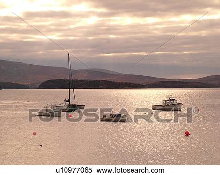 Stock Photography -  Acadia National Park, ME, Maine, Atlantic Ocean, Mount Desert Island, Frenchman Bay, lobster boats. Fotosearch