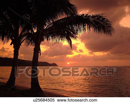 Stock Photography -  Anini, Princeville, Kauai, HI, Hawaii, North Shore, Anini beach, sunset. Fotosearch