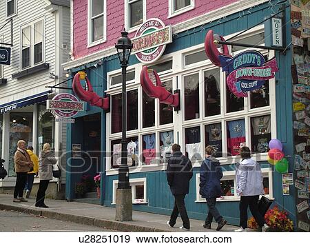 Stock Photo -  Bar Harbor, ME, Maine, Mount Desert Island, Downtown, Main Street, shops and seafood restaurants. Fotosearch