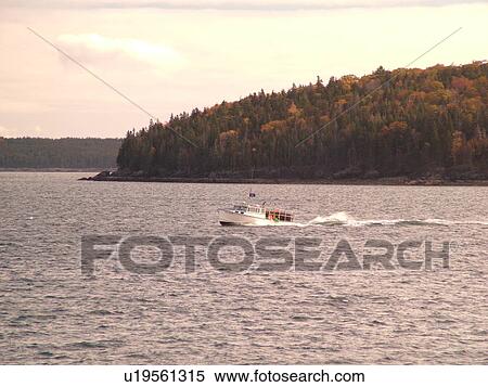 Stock Photography -  Bar Harbor, ME, Maine, Mount Desert Island, Atlantic Ocean, Frenchman Bay, lobster boat. Fotosearch