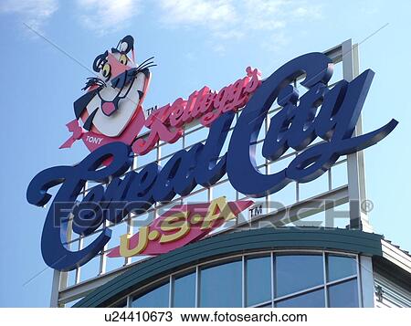 Stock Image -  Battle Creek, MI, Michigan, Kellogg's Cereal City USA, Tony the Tiger billboard. Fotosearch