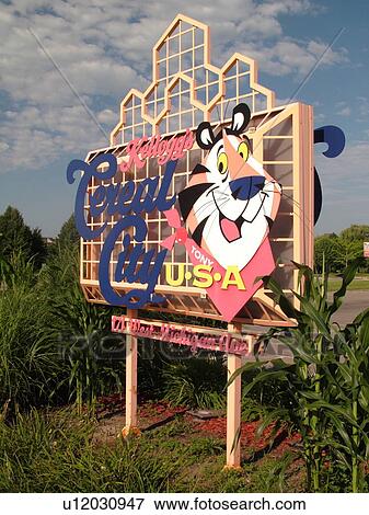 Stock Photo -  Battle Creek, MI, Michigan, Kellogg's Cereal City USA, entrance sign, Tony the Tiger billboard. Fotosearch
