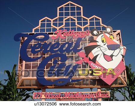 Battle Creek, MI, Michigan, Kellogg's Cereal City USA, entrance sign, Tony the Tiger billboard View Large Photo Image Stock Photograph - Battle Creek, MI, Michigan, Kellogg's Cereal City USA, entrance sign, Tony the Tiger billboard. Fotosearch