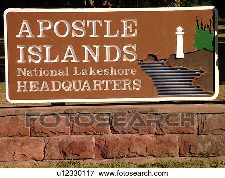 Stock Photo -  Bayfield, WI, Wisconsin, Apostle Island National Lakeshore Headquarters, visitor center, sign. Fotosearch