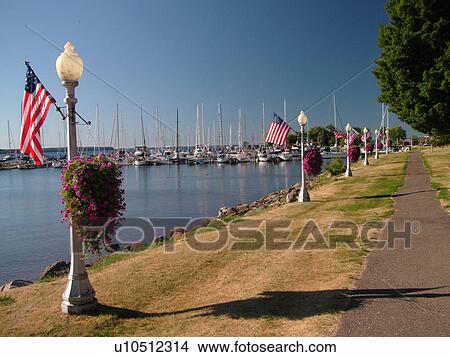 Picture -  Bayfield, WI, Wisconsin, Lake Superior, lakefront, marina, harbor, recreation path. Fotosearch
