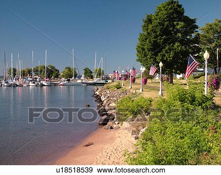Stock Photo -  Bayfield, WI, Wisconsin, Lake Superior, lakefront, marina, harbor, recreation path. Fotosearch