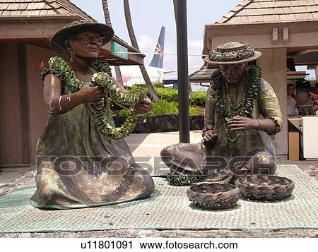 Stock Image -  Big Island, Island of Hawaii, HI, Hawaii, West Shore, Kona International Airport at Keahole, statue of the Lei Makers. Fotosearch