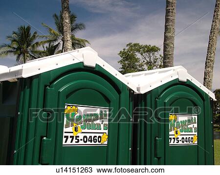 Stock Image -  Big Island, Island of Hawaii, HI, Hawaii, Hilo, Port-o-lets, outhouses. Fotosearch