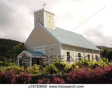 Stock Image -  Big Island, Island of Hawaii, HI, Hawaii, Northern Hawaii, Waimea, Imiola Congregational Church ca. 1857 at Church Row. Fotosearch