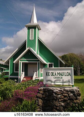 Big Island, Island of Hawaii, HI, Hawaii, Northern Hawaii, Waimea, Ke Ola Mau Loa Church ca. 1931at Church Row, green-steepled church View Large Photo Image Stock Photo - Big Island, Island of Hawaii, HI, Hawaii, Northern Hawaii, Waimea, Ke Ola Mau Loa Church ca. 1931at Church Row, green-steepled church. Fotosearch