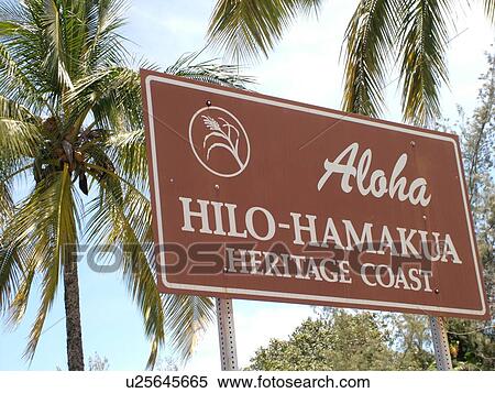 Stock Photography -  Big Island, Island of Hawaii, HI, Hawaii, Hamakua Coast, Hilo, Hilo-Hamakua Heritage Coast, road sign. Fotosearch