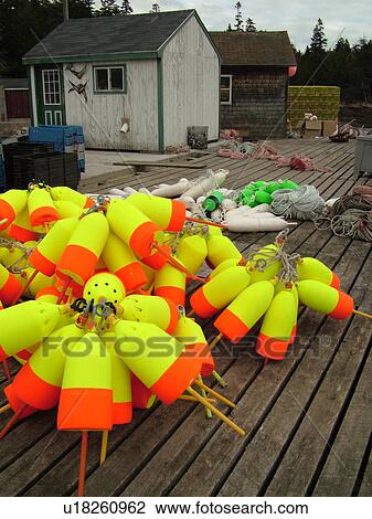 Stock Image -  Birch Harbor, ME, Maine, Mount Desert Island, Atlantic Ocean, Schoodic Peninsula, docks, lobster buoys. Fotosearch