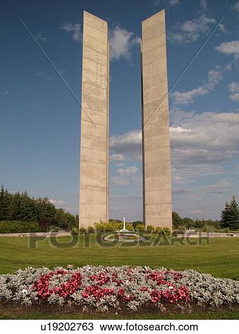 Stock Image -  Boissevain, Canada, MB, Manitoba, International Peace Garden, Peace Tower, ND, North Dakota, USA, border. Fotosearch
