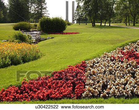 Stock Image -  Boissevain, Canada, MB, Manitoba, International Peace Garden, ND, North Dakota, USA, border, Canadian Flag made of flowers. Fotosearch