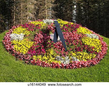Stock Photo -  Boissevain, Canada, MB, Manitoba, International Peace Garden, Floral Clock, ND, North Dakota, USA, border. Fotosearch