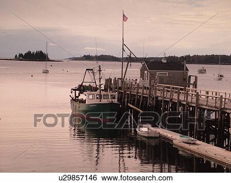 Stock Photograph -  Booth Bay Harbor, ME, Maine, fishing village, boats, pier, wharf, dock. Fotosearch