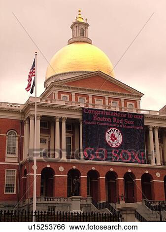 Stock Photograph -  Boston, MA, Massachusetts, State House, State Capitol, Red Sox Banner, World Series Champions. Fotosearch