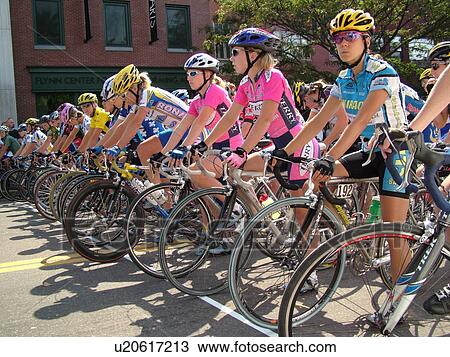 Stock Image -  Burlington, VT, Vermont, Green Mountain Stage Race, Criterium, starting line, women bikers. Fotosearch