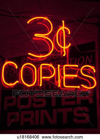 Stock Photograph -  Burlington, VT, Vermont, Neon sign, 1 Hour Photo Shop, 3 cent copies, downtown. Fotosearch