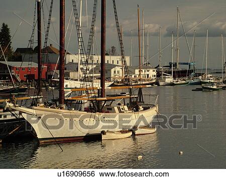Stock Photograph -  Camden, ME, Maine, Harbor, boats, schooner. Fotosearch