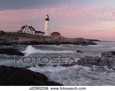 Stock Photo -  Cape Elizabeth, ME, Maine, Portland Head Light Lighthouse, Fort Williams Park, sunset. Fotosearch