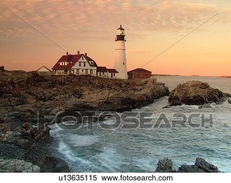 Cape Elizabeth, ME, Maine, Portland Head Light Lighthouse, Fort Williams Park, sunset View Large Photo Image Stock Photography - Cape Elizabeth, ME, Maine, Portland Head Light Lighthouse, Fort Williams Park, sunset. Fotosearch