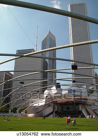 Chicago, IL, Illinois, Windy City, Downtown, skyline, Millennium Park, Jay Pritzker Pavilion, designed by Frank Gehry, Great Lawn View Large Photo Image Stock Image - Chicago, IL, Illinois, Windy City, Downtown, skyline, Millennium Park, Jay Pritzker Pavilion, designed by Frank Gehry, Great Lawn. Fotosearch