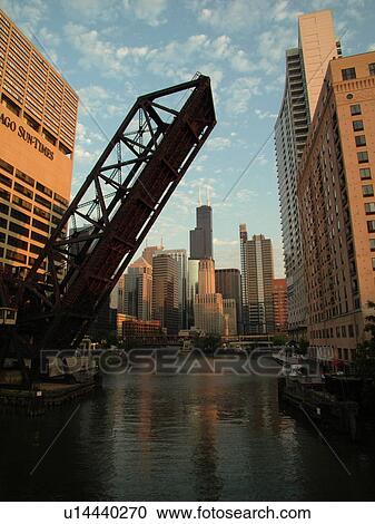 Chicago, IL, Illinois, Windy City, Downtown, skyline, North Branch Chicago River, railroad drawbridge raised View Large Photo Image Stock Image - Chicago, IL, Illinois, Windy City, Downtown, skyline, North Branch Chicago River, railroad drawbridge raised. Fotosearch