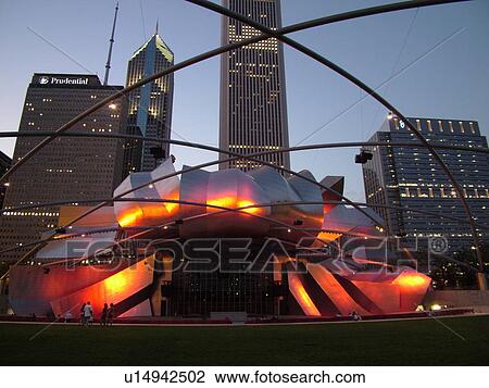 Chicago, IL, Illinois, Windy City, Downtown, skyline, Millennium Park, Jay Pritzker Pavilion, designed by Frank Gehry, Great Lawn, evening View Large Photo Image Stock Image - Chicago, IL, Illinois, Windy City, Downtown, skyline, Millennium Park, Jay Pritzker Pavilion, designed by Frank Gehry, Great Lawn, evening. Fotosearch