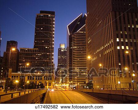 Stock Image -  Chicago, IL, Illinois, Windy City, Downtown, skyline, evening. Fotosearch