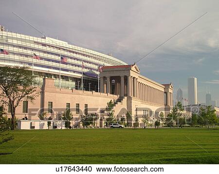 Stock Image -  Chicago, IL, Illinois, Windy City, downtown skyline, Burnham Park, Soldier Field, NFL, Football, Chicago Bears. Fotosearch